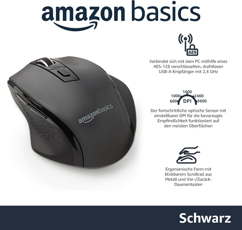 AmazonBasics Ergonomikus Vezeték Nélküli Egér DPI Szabályozható Fekete - black