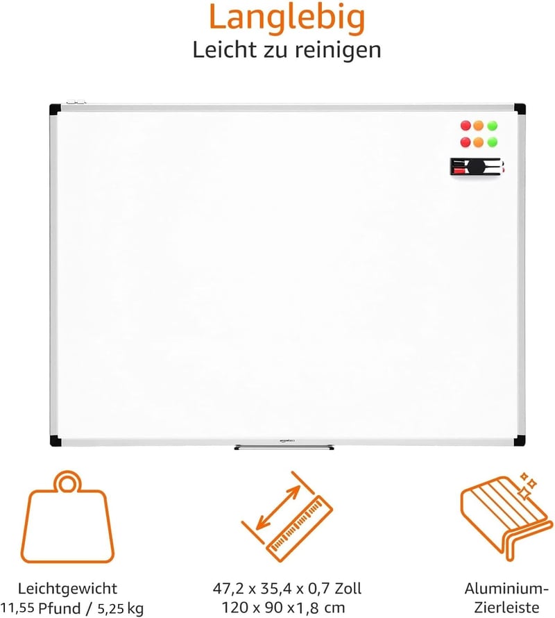 AmazonBasics Mágneses Whiteboard Alumínium Kerettel és Tollcsipesszel - 120 x 90 cm