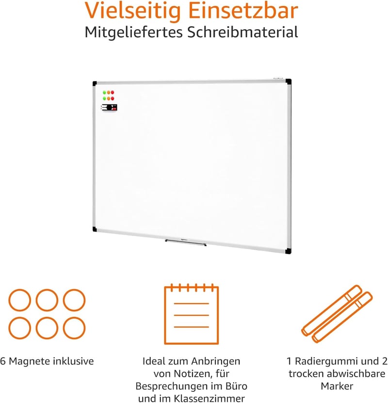 AmazonBasics Mágneses Whiteboard Alumínium Kerettel és Tollcsipesszel - 120 x 90 cm
