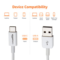 Kábel AmazonBasics USB-C – USB-A 2.0, 480 Mbit/s, 1,8 m, biely, kompatibilný s Apple iPhone 16/15, iPad, Samsung Galaxy, notebookmi, certifikovaný USB-IF 3