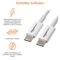 Rýchlonabíjací kábel AmazonBasics USB-C na USB-C 2.0 – 1,8 m – biely – kompatibilný s Apple iPhone 16/15, iPad, MacBook, Samsung Galaxy – certifikácia USB-IF 4