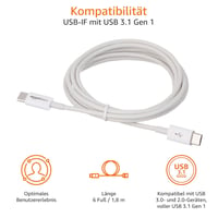 Rýchlonabíjací kábel AmazonBasics USB-C na USB-C 2.0 – 1,8 m – biely – kompatibilný s Apple iPhone 16/15, iPad, MacBook, Samsung Galaxy – certifikácia USB-IF 3