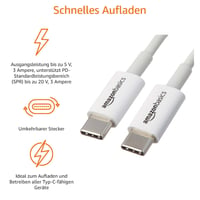 Rýchlonabíjací kábel AmazonBasics USB-C na USB-C 2.0 – 1,8 m – biely – kompatibilný s Apple iPhone 16/15, iPad, MacBook, Samsung Galaxy – certifikácia USB-IF 7
