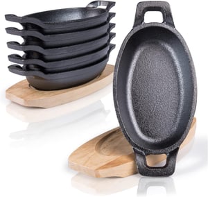 Amazy set lijevanih tava za posluživanje s drvenim podloškom - 15,4 x 9,5 cm - 6 komada