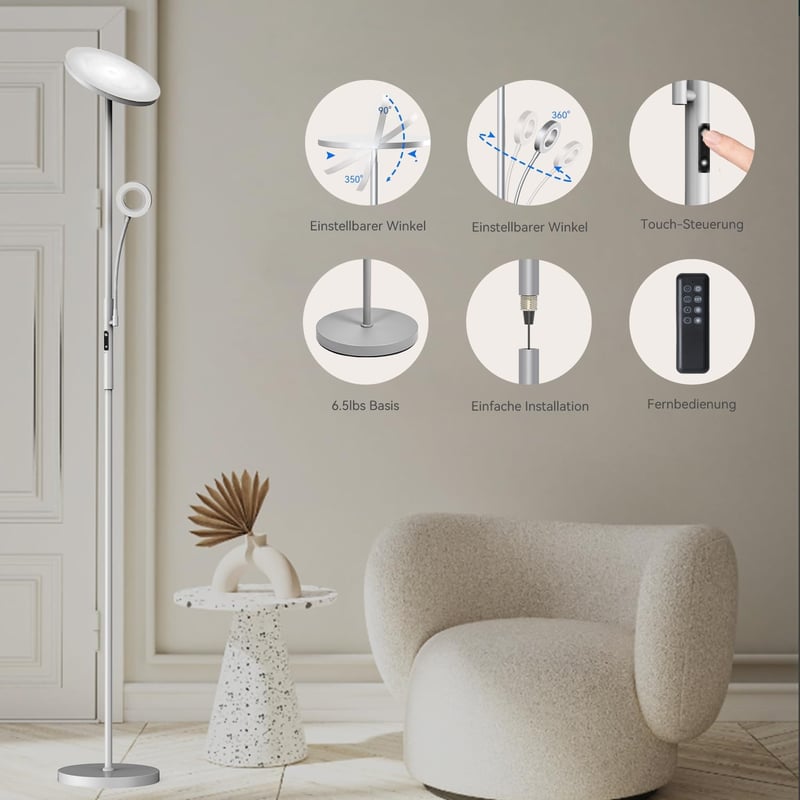Amdelne Modern Állólámpa 2in1 - Szabályozható LED 30W + 5W Olvasólámpa, Távirányítós, 4 Színhőmérséklet, Szürke Fém Talp