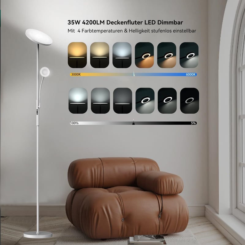 Amdelne Modern Állólámpa 2in1 - Szabályozható LED 30W + 5W Olvasólámpa, Távirányítós, 4 Színhőmérséklet, Szürke Fém Talp