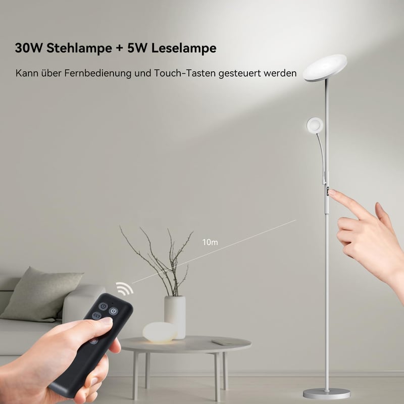Amdelne Modern Állólámpa 2in1 - Szabályozható LED 30W + 5W Olvasólámpa, Távirányítós, 4 Színhőmérséklet, Szürke Fém Talp