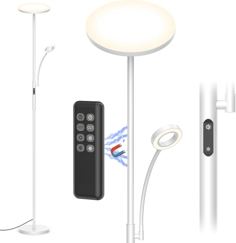 Amdelne Modern Állólámpa 2in1 - Szabályozható LED 30W + 5W Olvasólámpa, Távirányítós, 4 Színhőmérséklet, Szürke Fém Talp