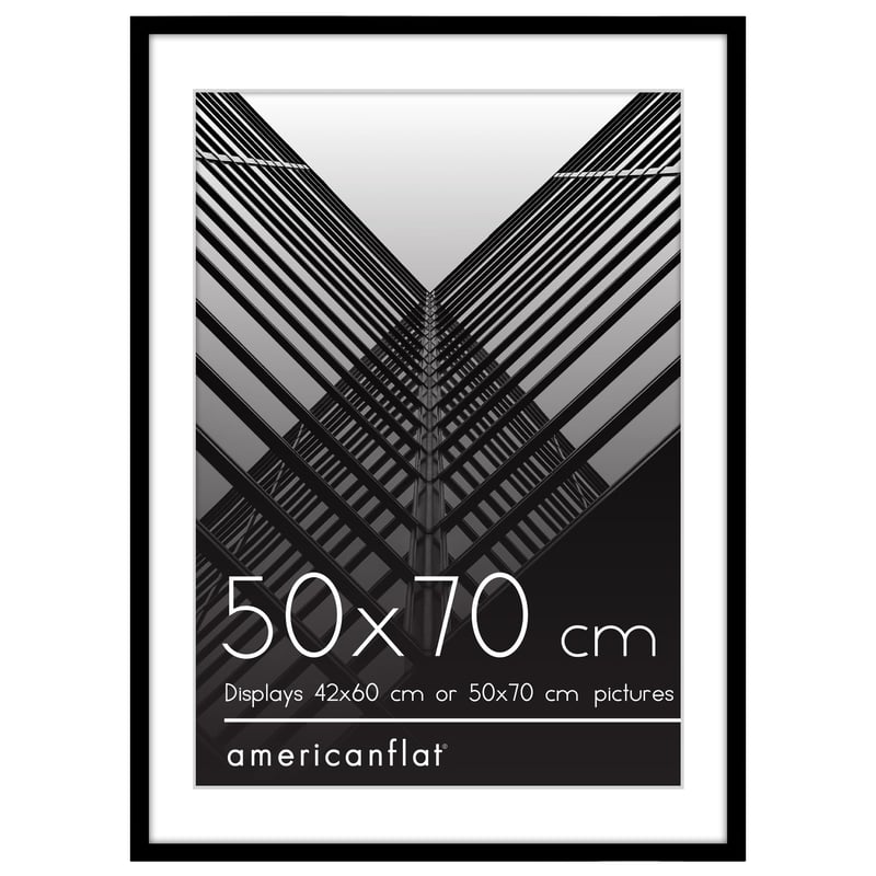 Americanflat 50x70 cm Fekete Képkeret - 42x60 cm Passe-Partout Betéttel - Polírozott Plexi - Függőleges és Vízszintes Akasztás