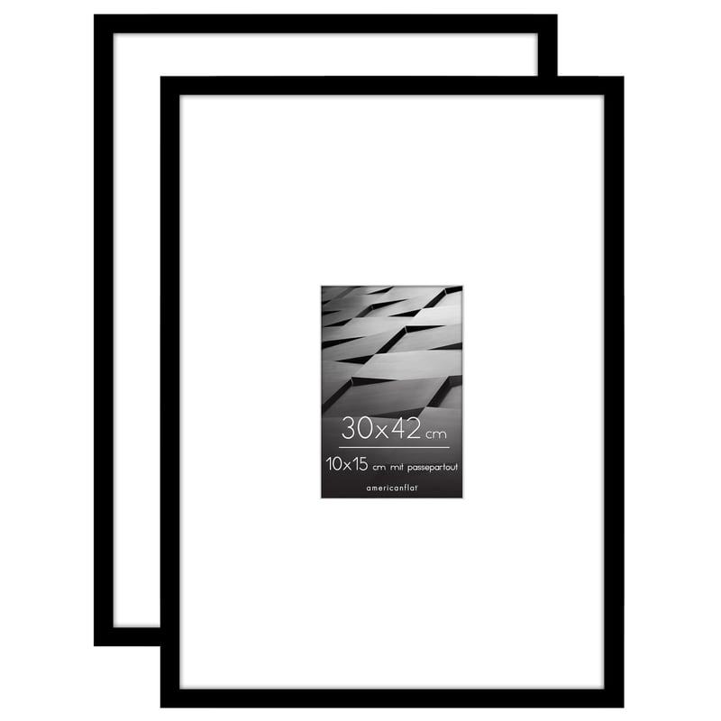Americanflat Fotorámik 30x42 cm, čierny, 2 ks – s paspartou pre fotografie 10x15 cm alebo bez nej – leštený plexisklový panel – na výšku aj na šírku