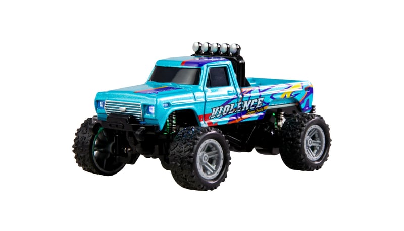 RC monster truck Amewi, model 1:64, RTR, modrý, diaľkovo ovládané terénne auto s ovládačom v tvare karty