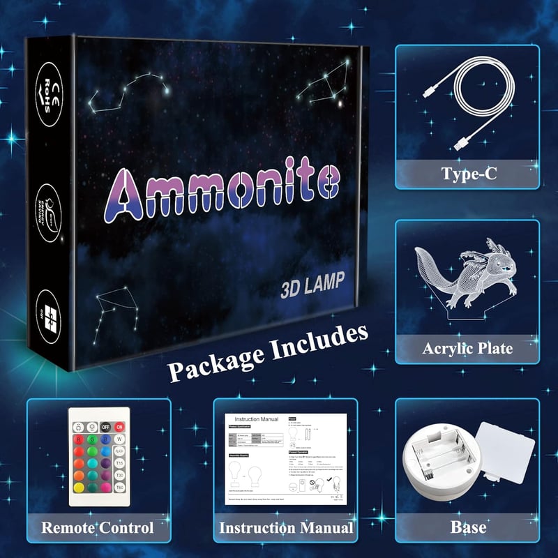 Ammonite Axolotl 3D LED éjszakai lámpa 16 szín távirányítóval gyerekeknek