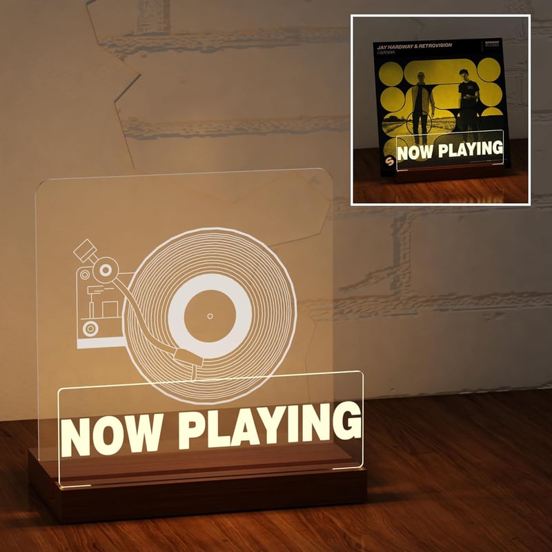 Suport pentru viniluri Ammonite Now Playing, din lemn și acril, cu iluminare LED - alb cald