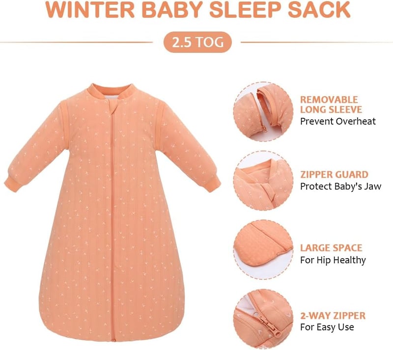 amo nenes Baba Hálózsák 2.5 TOG - 100% Pamut Téli Hálózsák Levehető Ujjakkal, 72 cm, 0-6 Hónapos Babáknak, Narancssárga