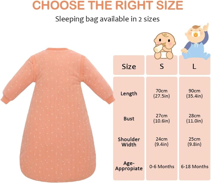 amo nenes Baba Hálózsák 2.5 TOG - 100% Pamut Téli Hálózsák Levehető Ujjakkal, 72 cm, 0-6 Hónapos Babáknak, Narancssárga