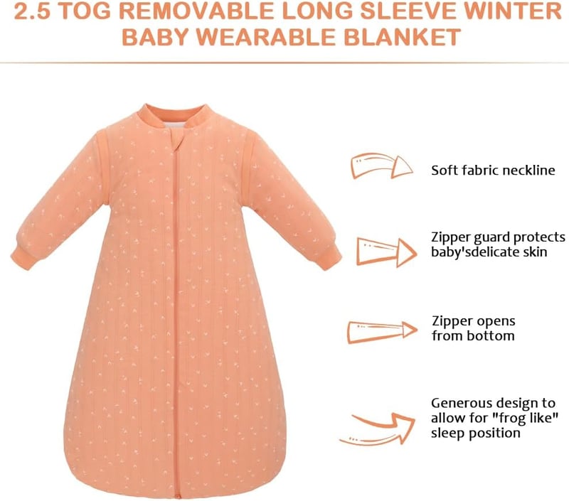amo nenes Baba Hálózsák 2.5 TOG - 100% Pamut Téli Hálózsák Levehető Ujjakkal, 72 cm, 0-6 Hónapos Babáknak, Narancssárga