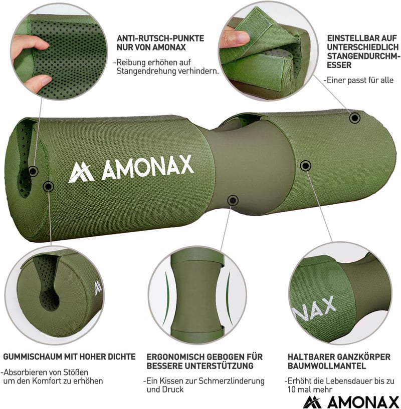 Amonax Extra Vastag Súlyzórúd Párna - Nyakvédő Hip Thrust és Guggolás Gyakorlatokhoz, Ergonomikus Fogás, 120 kg Teherbírás, Zöld