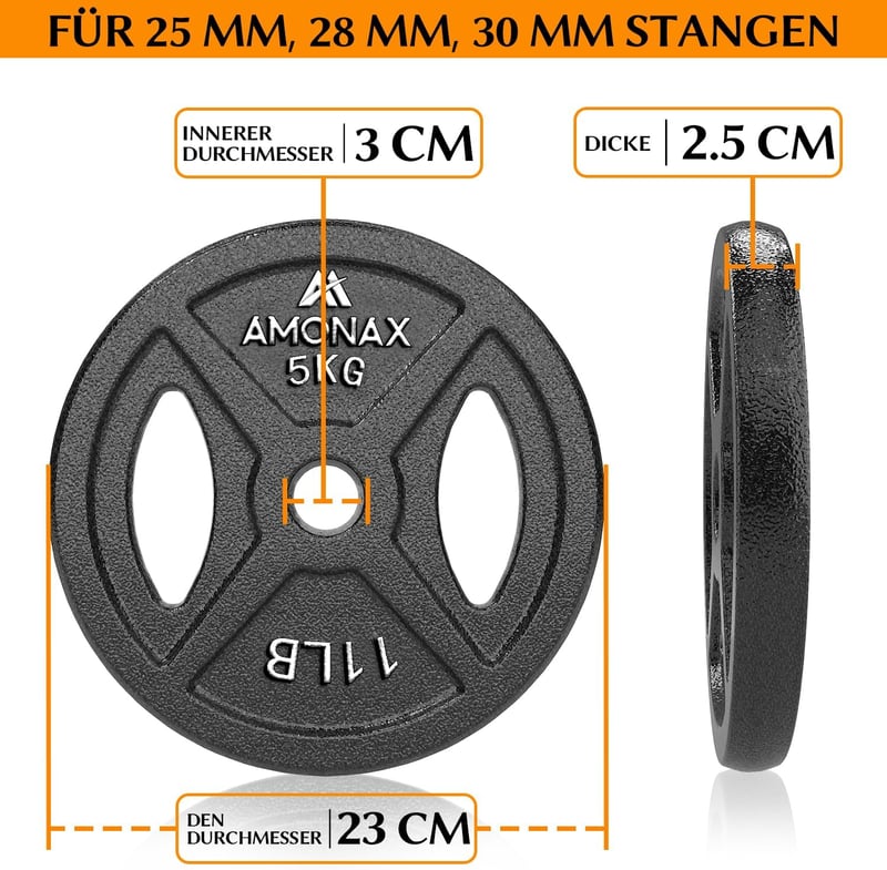 Amonax Öntöttvas Súlytárcsa Szett 2,5-10 kg - 25 mm és 50 mm Olimpiai Rúdhoz - Tri-Grip Súlyzótárcsák Edzéshez és Csípőemeléshez - Otthoni E