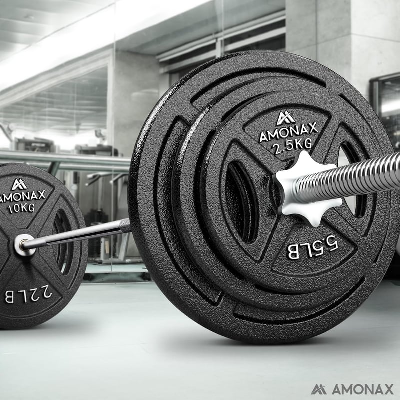 Amonax Öntöttvas Súlytárcsa Szett 2,5-10 kg - 25 mm és 50 mm Olimpiai Rúdhoz - Tri-Grip Súlyzótárcsák Edzéshez és Csípőemeléshez - Otthoni E