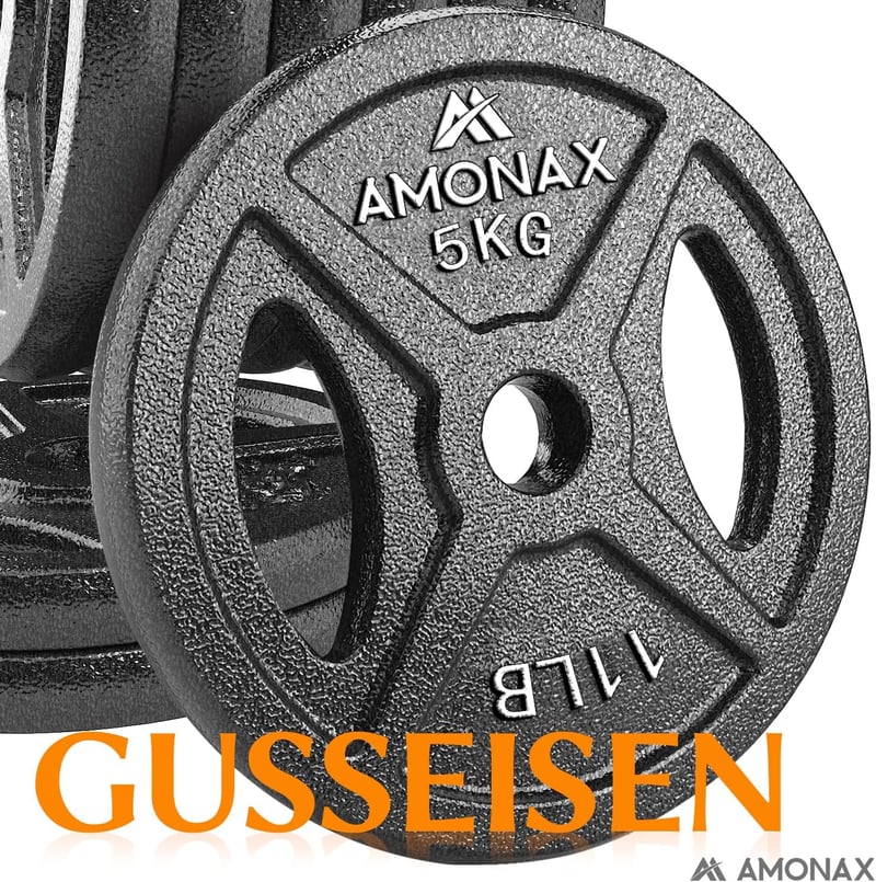 Amonax Öntöttvas Súlytárcsa Szett 2,5-10 kg - 25 mm és 50 mm Olimpiai Rúdhoz - Tri-Grip Súlyzótárcsák Edzéshez és Csípőemeléshez - Otthoni E