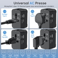 Adaptor universal de călătorie Amoner pentru întreaga lume, cu porturi USB-C și USB-A, priză AC, compatibil cu SUA, UE, Thailanda, Italia și Germania 2