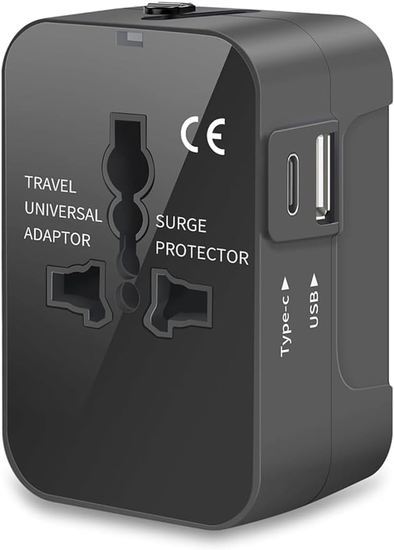 Adaptor universal de călătorie Amoner pentru întreaga lume, cu porturi USB-C și USB-A, priză AC, compatibil cu SUA, UE, Thailanda, Italia și Germania