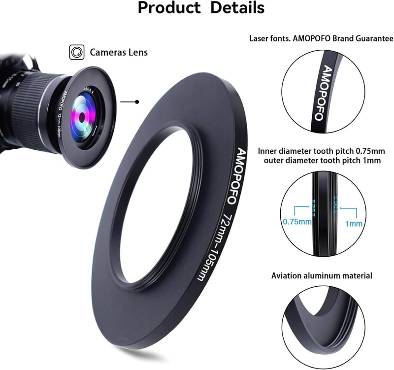 AMOPOFO 72mm-105mm Lencseátalakító Adapter CNC Fém Szűrőgyűrű