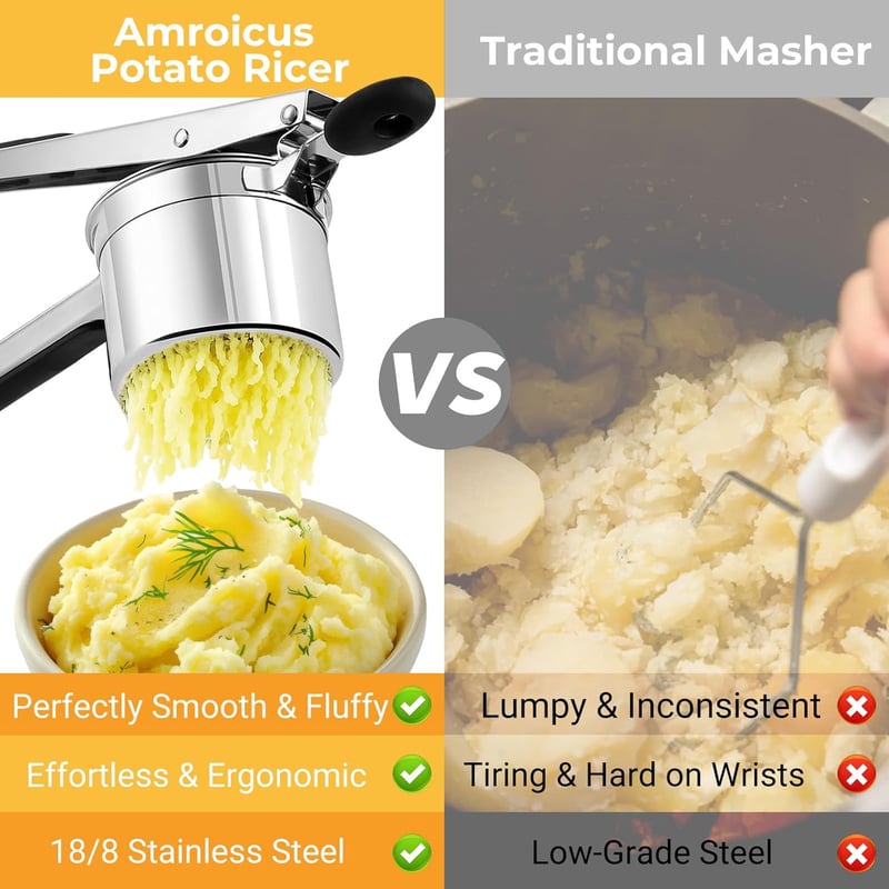 Amroicus rozsdamentes krumpliprés 450ml, burgonyamosó spaetzle és tészta préshez