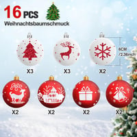 Amteker Karácsonyi Gömb Szett 16 db - 6 cm Műanyag Törhetetlen Karácsonyfadíszek Akasztóval, Piros-Fehér Színben, 6 Különböző Mintával 2