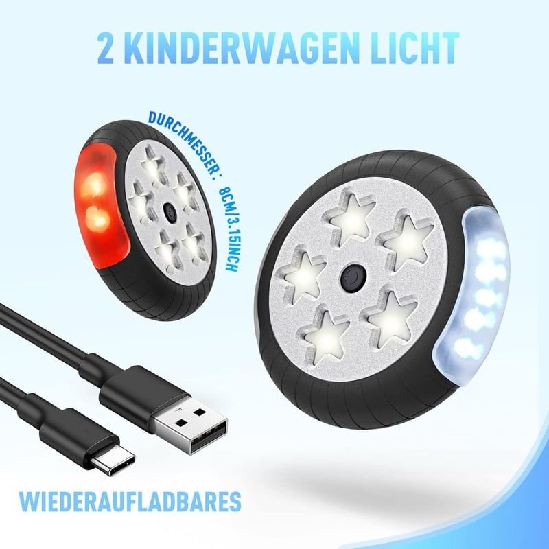 Amteker Tölthető Babakocsi Lámpa, 12 LED, 2 Világítási Mód, 360° Forgatható, USB Újratölthető, Vízálló, Univerzális Babakocsikhoz, Ajándék S