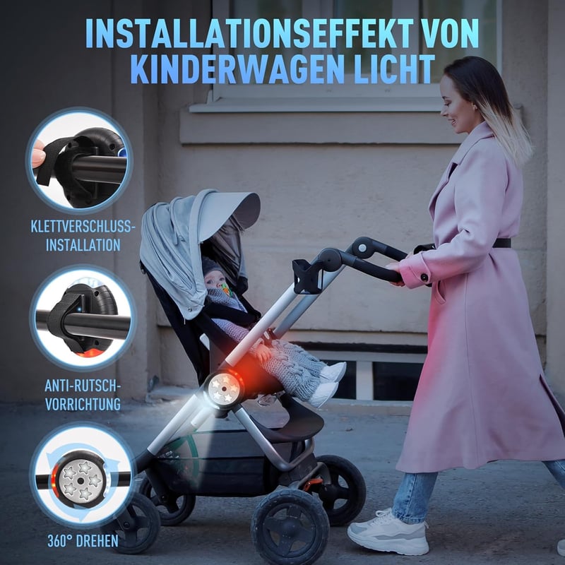 Amteker Tölthető Babakocsi Lámpa, 12 LED, 2 Világítási Mód, 360° Forgatható, USB Újratölthető, Vízálló, Univerzális Babakocsikhoz, Ajándék S