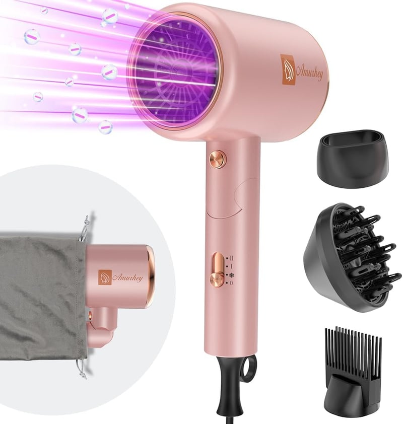 Uscător de păr ionic Amurhey 2400W cu temperatură constantă, geantă de voiaj, mâner pliabil pentru uscare rapidă, concentrator și difuzor cu perie pentru volum