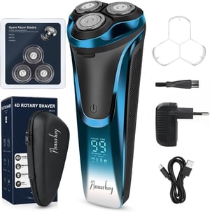 Aparat de ras electric pentru bărbați Amurhey, utilizare umedă și uscată, IPX7, cu 3 capete de schimb, trimmer pentru barbă, autonomie de 99 de minute, încărcător și etui de călătorie