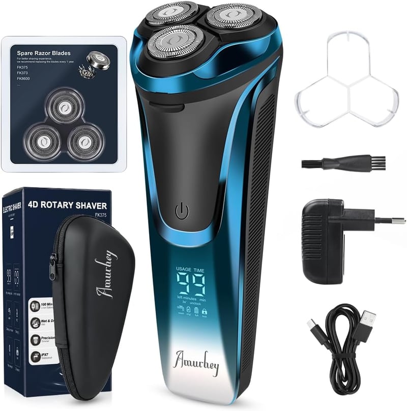 Aparat de ras electric pentru bărbați Amurhey, utilizare umedă și uscată, IPX7, cu 3 capete de schimb, trimmer pentru barbă, autonomie de 99 de minute, încărcător și etui de călătorie