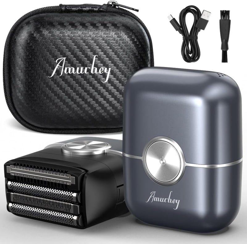 Mini aparat de ras electric pentru bărbați Amurhey cu etui de călătorie, rezistent la apă IPX7, pentru bărbierit umed și uscat, cu cap de ras cu sită și trimmer pentru fire lungi