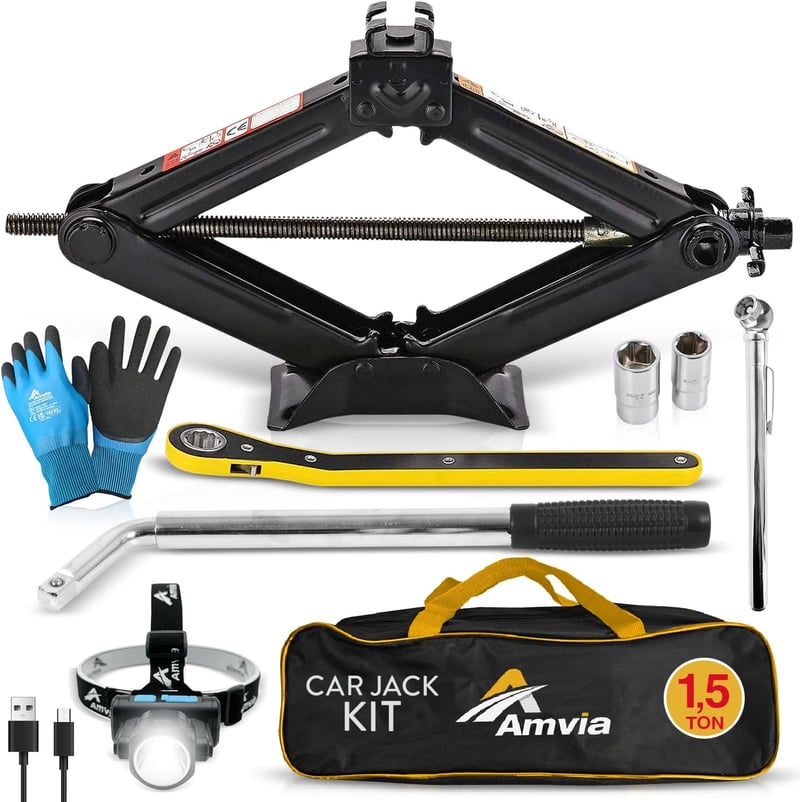 AMVIA 1,5 Tonna Autóemelő Szett Hordozható Ollós Emelő Autóhoz SUV-hez Vészhelyzeti Csomag Kulccsal - 1.5 Ton Car Jack Kit