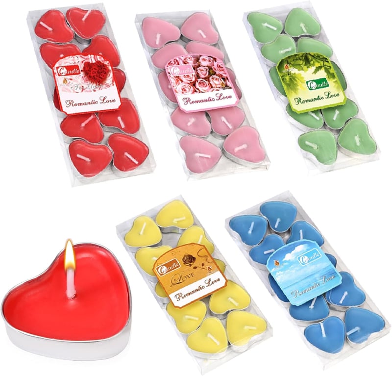 Amycute Színes Szív Alakú Teamécsesek 60 db, 2 Óra Égési Idő, Illatmentes Gyertyák Valentin-napra, Esküvőre, Dekorációhoz