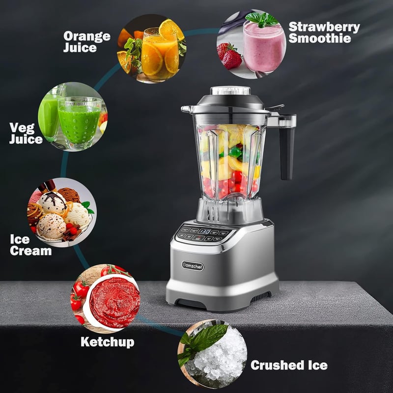 AMZCHEF 2000W Turmixgép 2in1 Állvány Mixer - 1,85L + 600ml Tartály 6 Pengés Smoothie Készítő LED Kijelzővel Szürke