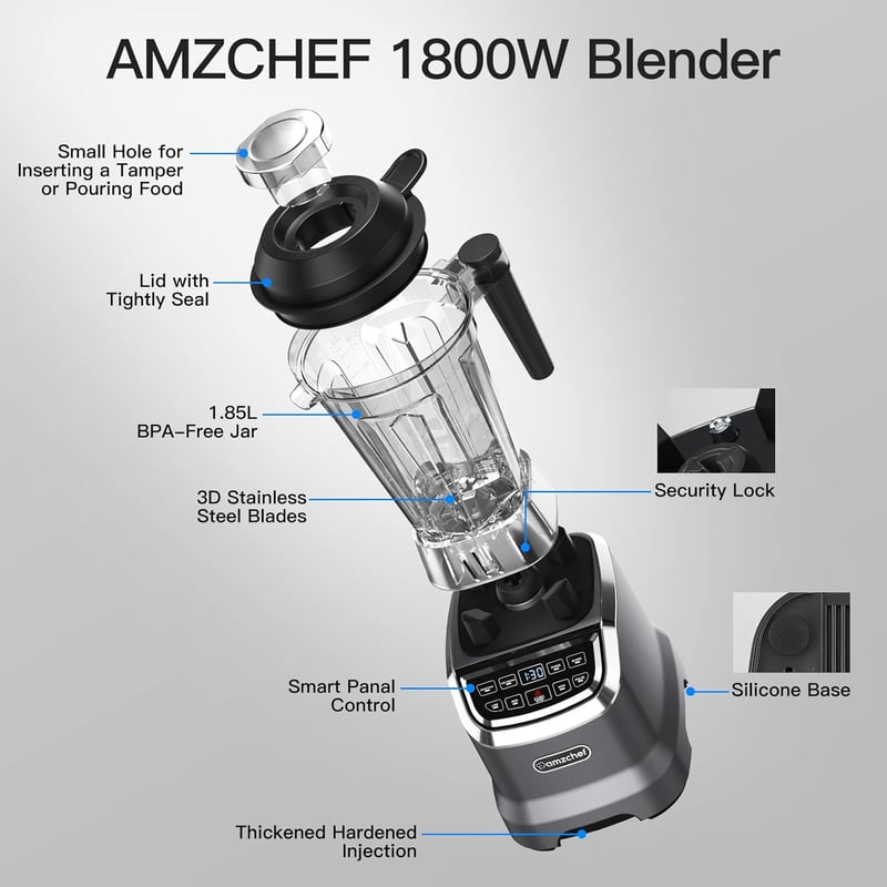 AMZCHEF 2000W Turmixgép 2in1 Állvány Mixer - 1,85L + 600ml Tartály 6 Pengés Smoothie Készítő LED Kijelzővel Szürke