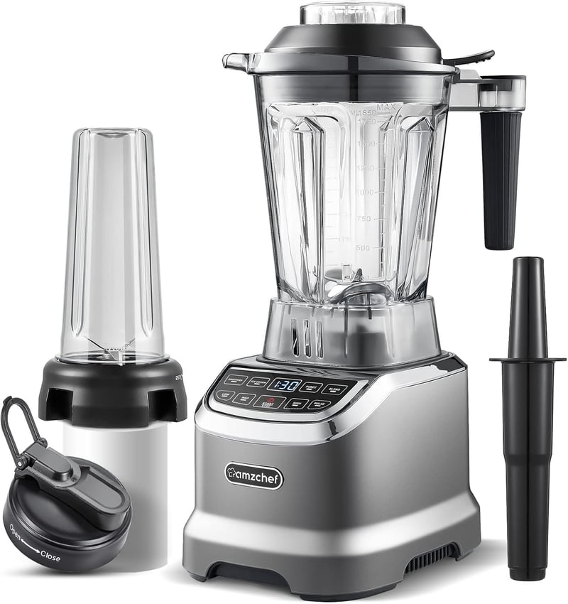 AMZCHEF 2000W Turmixgép 2in1 Állvány Mixer - 1,85L + 600ml Tartály 6 Pengés Smoothie Készítő LED Kijelzővel Szürke