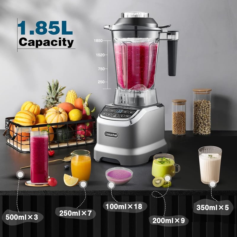 AMZCHEF 2000W Turmixgép 2in1 Állvány Mixer - 1,85L + 600ml Tartály 6 Pengés Smoothie Készítő LED Kijelzővel Szürke