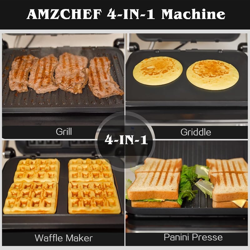 AMZCHEF 4 az 1-ben kontaktgrill, waffelsütő és szendvicssütő 2000W, antihaftbevonatos lemezek