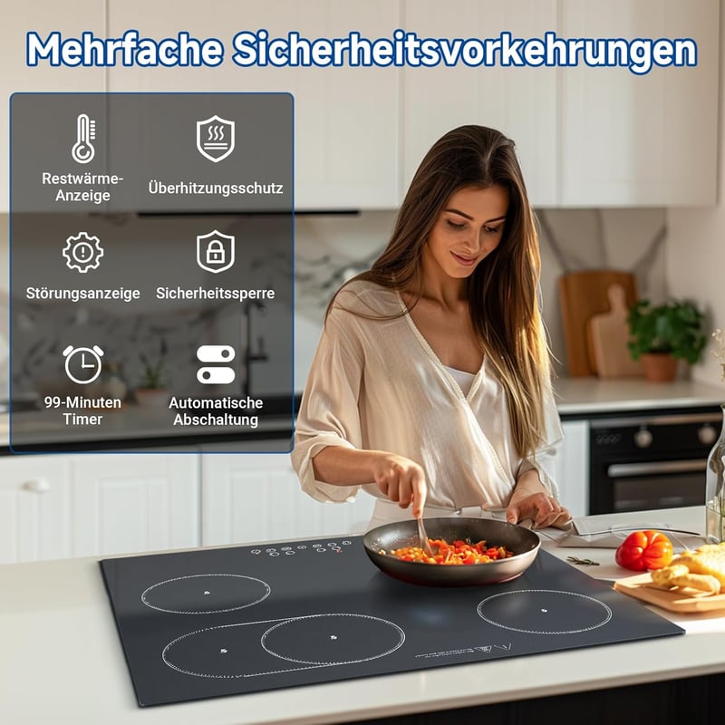 AMZCHEF 4 égőfejes üvegkerámia főzőlap 7200W, 9 fokozat, ovális grillzóna, hőmegállító funkcióval