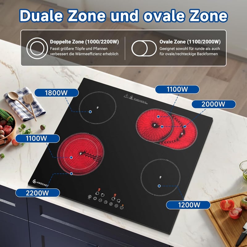 AMZCHEF 4 égőfejes üvegkerámia főzőlap 7200W, 9 fokozat, ovális grillzóna, hőmegállító funkcióval