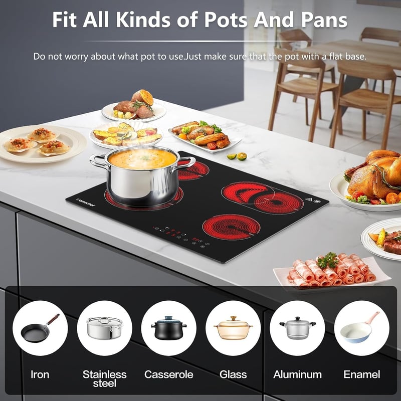AMZCHEF 60 cm-es beépíthető üvegkerámia főzőlap 4 égővel 6600W