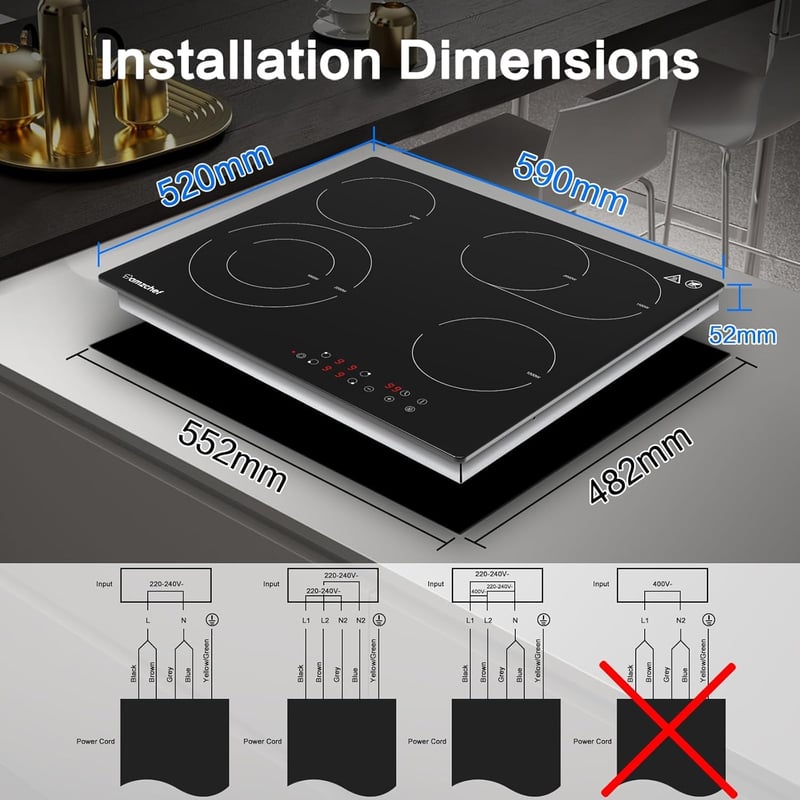 AMZCHEF 60 cm-es beépíthető üvegkerámia főzőlap 4 égővel 6600W