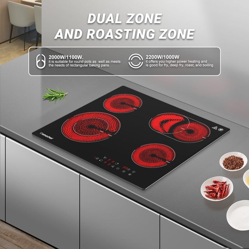 AMZCHEF 60 cm-es beépíthető üvegkerámia főzőlap 4 égővel 6600W