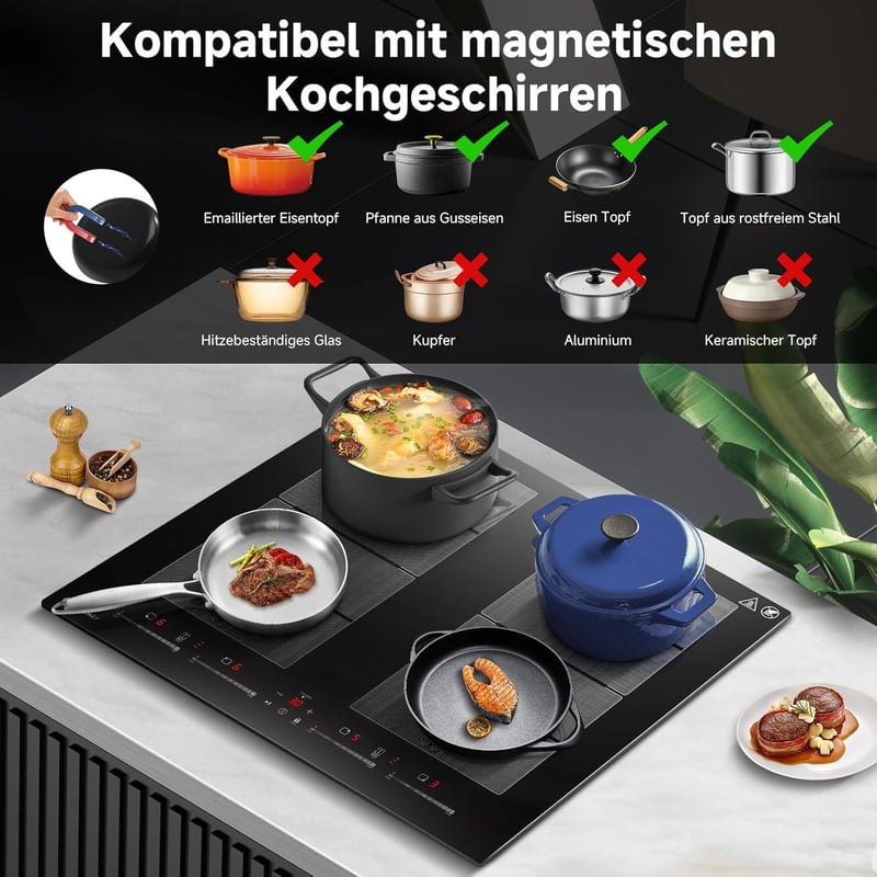 AMZCHEF 60 cm Indukciós Főzőlap 4 Zónás Flex Technológiával, 9 Fokozat, 7400W