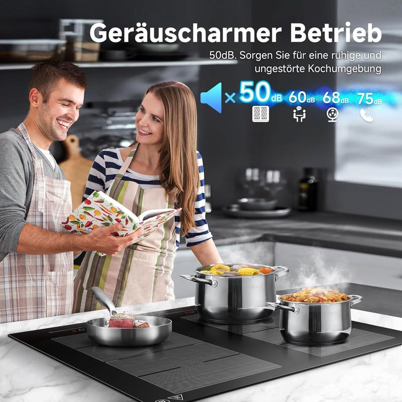 AMZCHEF 60 cm Indukciós Főzőlap 4 Zónás Flex Technológiával, 9 Fokozat, 7400W