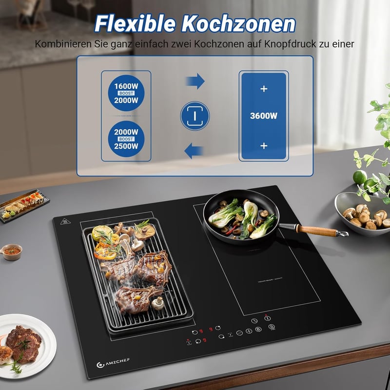 AMZCHEF 60 cm Indukciós Főzőlap 4 Zónás Flex Technológiával 7200W